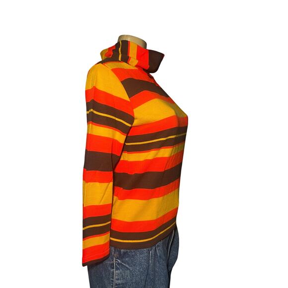 Vintage 70's Striped Long Sleeve Knit Mock Neck Top Orange Brown Medium - Picture 2 of 9